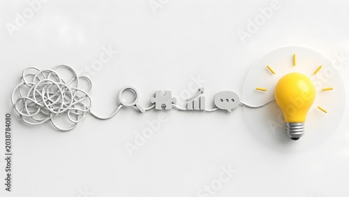Step by step problem solving concept showing a tangled wire transforming through analytical icons into a bright idea and successful business solution