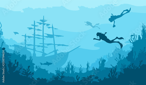 Quadro su tela Scuba divers exploring shipwreck vector background