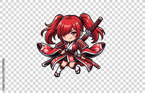 Kawaii Anime Samurai Girl Mascot Chibi Character with Katana Vector Illustration