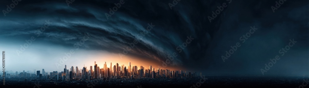 Fototapeta premium Storm cloud city skyline skyscraper dramatic sky disaster climate change adaptation extreme weather city urban