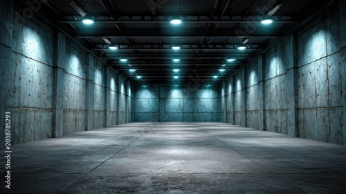 Long empty industrial space illuminated by bright ceiling lights creates a dramatic interior scene.