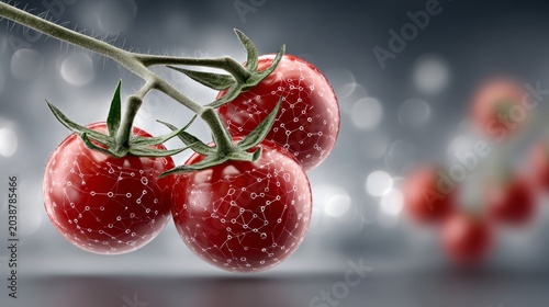 Three tomatoes on a vine with data patterns reflecting modern agriculture technology