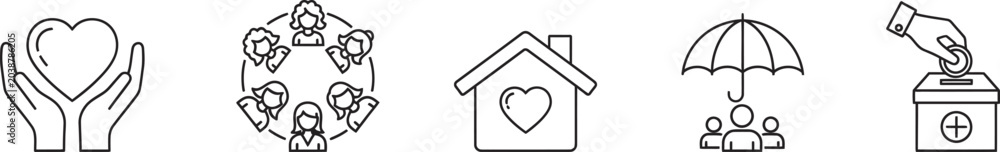Fototapeta premium Charity and social support outline set featuring symbols of care, community, housing, protection, and donation for non-profit organizations