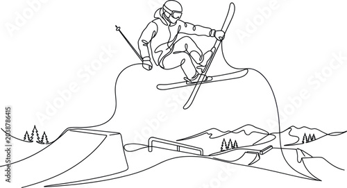Skiing jump trick line art, winter sports freestyle, mountain landscape background