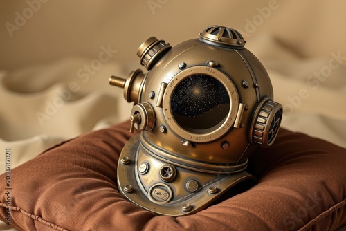 Vintage diving helmet rests on soft brown cushion