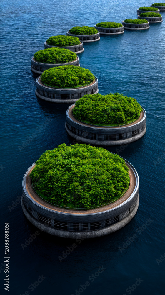 Obraz premium Climate change adaptation floating island mangrove ocean sustainable architecture green roof coastal protection renewable energy
