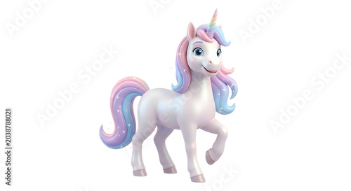 Smiling cartoon unicorn with rainbow mane and tail standing