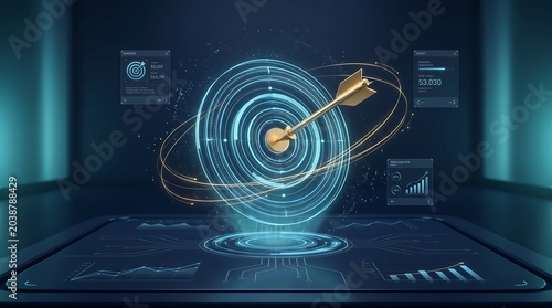 Target arrow hitting the bullseye in a holographic visualization represents precise business goals and the successful achievement of strategic objectives within a professional environment.