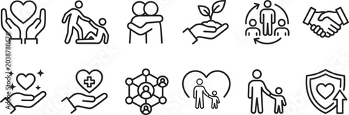 Fotografie Set of social responsibility and charity line featuring hands hearts people and