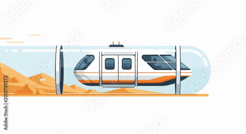 Futuristic Hyperloop High-Speed Train Capsule in Transparent Vacuum Tube Over Desert Dunes Flat Vector Illustration