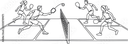 Pickleball Players Competing on Court, Dynamic Action Shot, Line Drawing