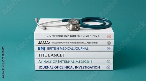 Medical books and stethoscope on table.