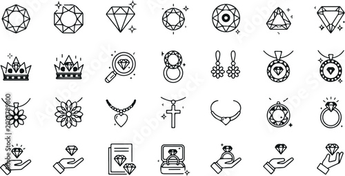 Canvastavla Jewelry and gemstone line icons set including diamond ring necklace crown earrin