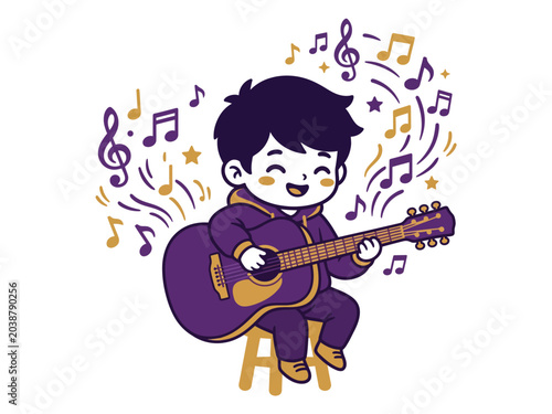Schilderij op canvas Happy child playing acoustic guitar surrounded by musical notes