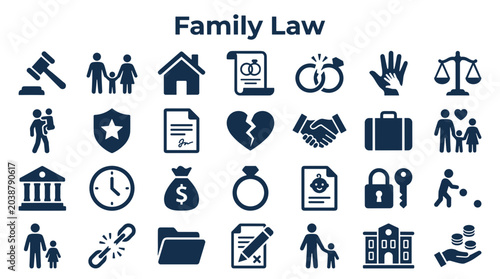 Fotografie Collection of family law icons representing legal concepts like marriage divorce