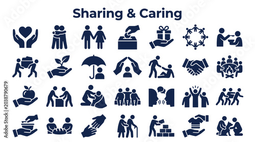 Foto Sharing and caring concepts illustrated with diverse icons representing communit