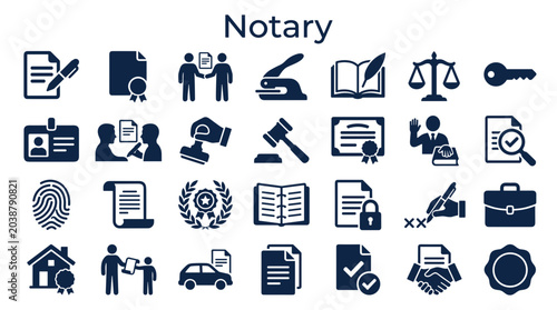 Foto Collection of notary public icons representing legal services documents signing