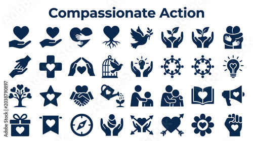 Billede på lærred Collection of compassionate action icons showing kindness care support love unit