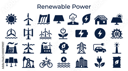 Photos Collection of renewable energy icons representing sustainable power sources and