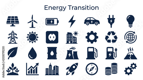 Fotografi Energy transition concept icons representing renewable energy sources, electric