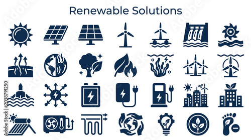 Bild auf Leinwand Renewable energy solutions icons set representing sustainable power sources like