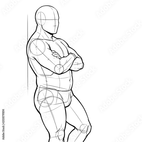 Hand drawn sketch of plus size male body base leaning shoulder against a wall, arms loosely crossed side view isolated on white background. Black ink line art anime illustration.