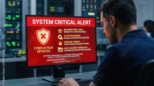 A man intently monitors a computer screen displaying a critical system alert. The screen shows a red warning message indicating a malware attack, anomalous behavior, and a data security breach.