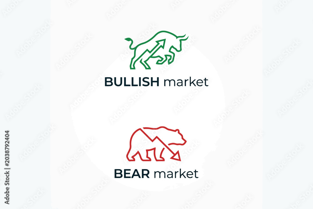 Obraz premium Bull and Bear Market Icons Showing Stock Market Trends