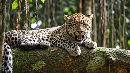 Majestic leopard with mouth agape resting on a thick tree branch amidst lush jungle foliage