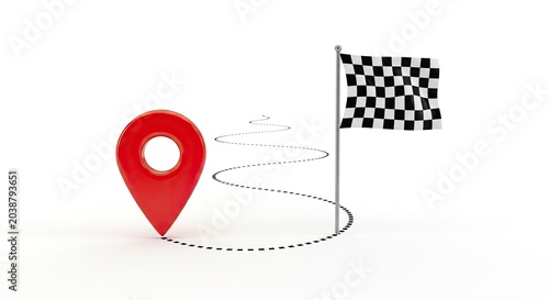 A red pin icon with a white dot is positioned on a white background. A checkered flag is attached to a thin, white pole and extends from the pin, creating a dotted line.