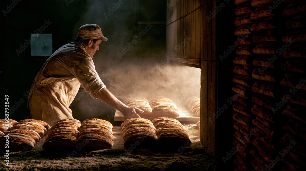 Fototapeta premium A bakery worker pulling fresh loaves from a massive oven at 4am, flour dust in warm light, darkness visible through small window