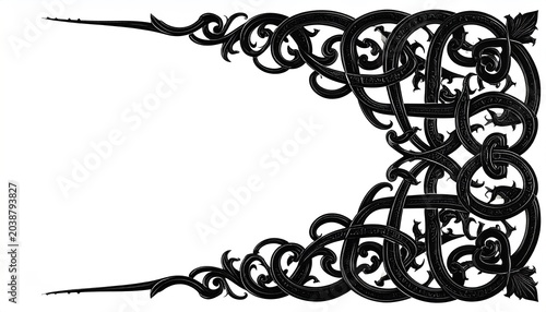 Intricate Black Celtic Knotwork Border Design Element.