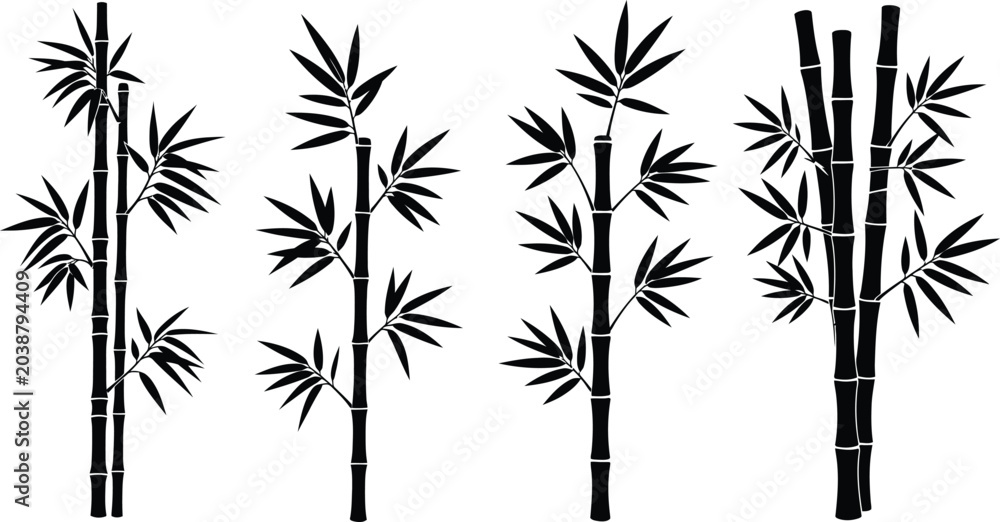 Obraz premium Silhouette set of black bamboo stalks and leaves for zen and nature design