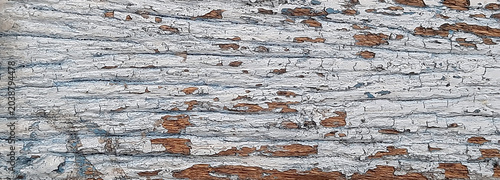 Fotografi Horizontal Weathered Wood Surface with Cracked White Paint and Natural Brown Gra