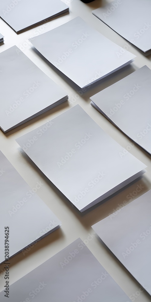 Obraz premium Blank White Paper Sheets Stacked on Desk, Office Document Mockup Background. High-quality realistic photograph featuring multiple stacks of blank white paper sheets arranged on a clean desk.