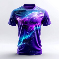 Vibrant tie dye t-shirt with purple and blue swirls.