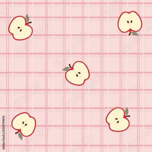 Seamless Cute Apple Pattern on Pink Plaid Background