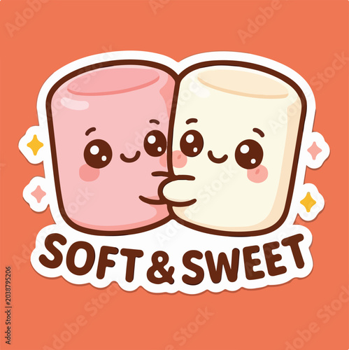 Two cute cartoon marshmallows hugging each other with a sweet smile in a vibrant orange sticker style digital art illustration