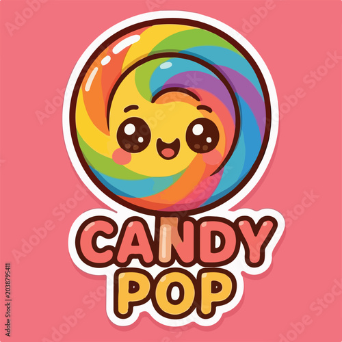Colorful rainbow lollipop candy character with a happy smiling face and bold lettering isolated on a bright pink background design