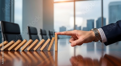 Business risk concept hand stopping domino effect on wooden blocks in office setting