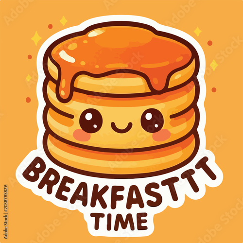 Cute cartoon pancake stack with sweet syrup and a happy smiling face for a fun and delicious morning breakfast theme