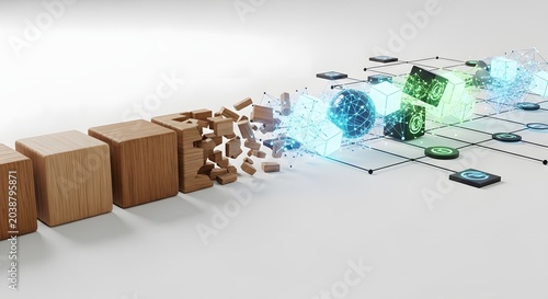 Digital transformation concept with wooden blocks and network connections