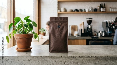 Coffee bag on counter with plant.