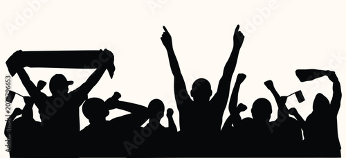 Silhouettes of an excited crowd of sports fans or concert-goers cheering with raised arms and scarves, celebrating an event.