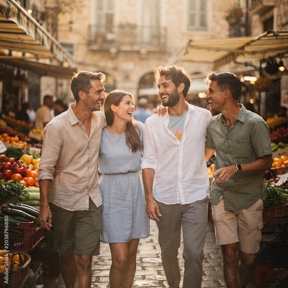 Obraz premium Group of happy friends walking through a local outdoor market during summer vacation