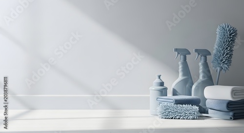 Monochromatic cleaning supplies and towels on a white surface