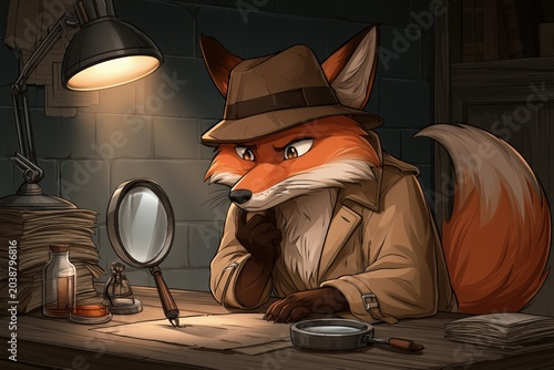 Detective Fox in Trench Coat Investigating Clues at Desk Indoors
