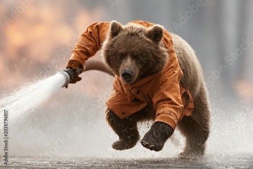 Brown bear wearing jacket running with water hose outdoors in autumn