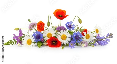 A vibrant bouquet of wildflowers rests on a white surface. The arrangement includes red poppies, white daisies, blue cornflowers, purple lavender, and delicate bluebells.