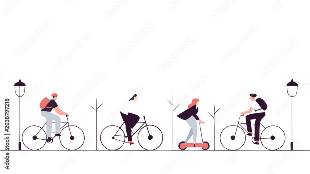 Naklejka premium Active urban commuters cycling and riding scooters along a tree-lined path